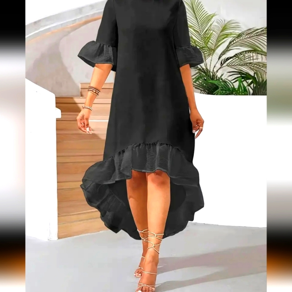 Elegant Black Ruffle Hem Dress